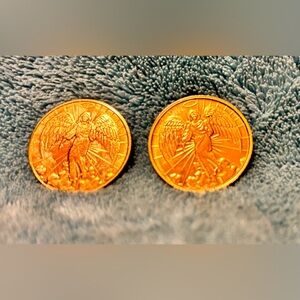Two Radiant Guardian Angel in the clouds pocket tokens / medals. Gold Tone Brass